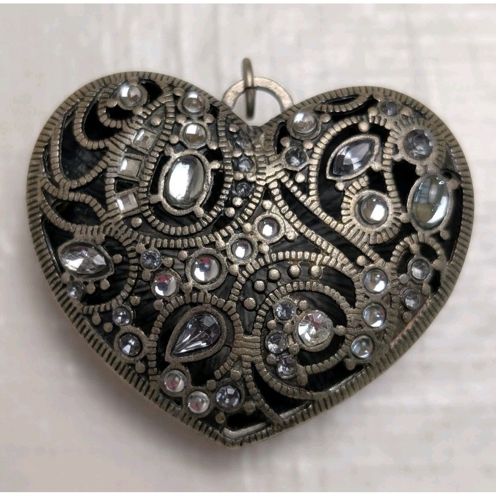 Vintage Heart Pendant Rhinestone Filigree Silver Tone Gothic Statement